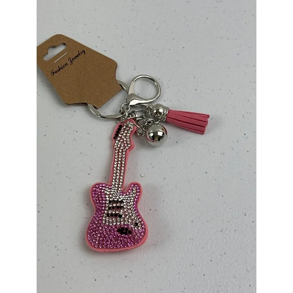Sparkly Pink Guitar Keychain With Tassel & Bells Lead Safe